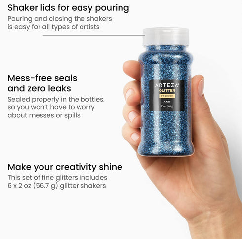 Arteza Fine Glitter Set, 6 x 2-oz Bottles, Ocean-Toned Glitter for Resin, Glue, Acrylic Paint, Arts and Crafts Supplies for Creating DIY Projects ...