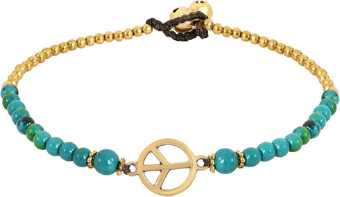 AeraVida Vintage Peace Sign with Green Malachite and Brass Bead Jingle Bell Anklet | Coachella Anklet for Women | Bohemian Peace Sign Anklet...