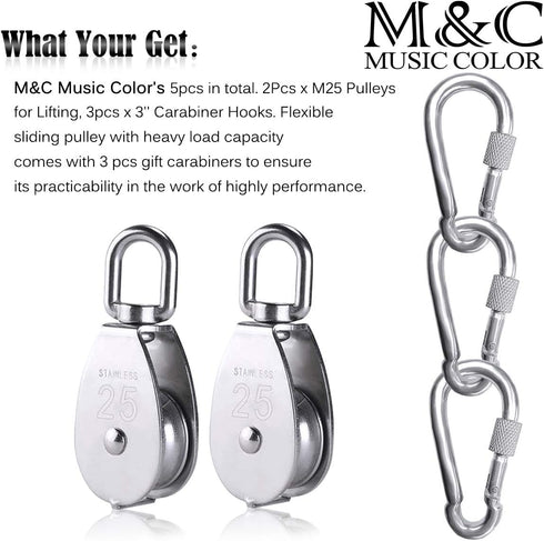 2pcs M25 Single Pulley Block with 3pcs Spring Snap Hook Carabiner, Heavy Duty 304 Stainless Steel Pulley Roller & 3'' Spring snap Hooks, Pully Cra...