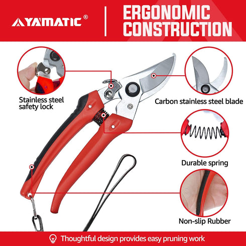 YAMATIC Garden Pruning Shears 3 Pack, 2 Bypass Pruners 1 Pruning Snip, Straight Garden Scissors with Sharp Blade, Heavy Duty Garden Clippers Hand ...