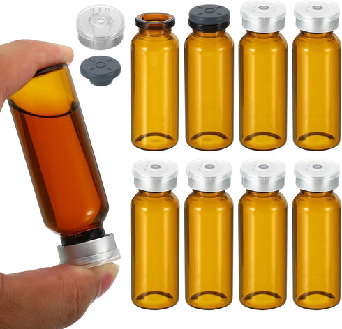 PATIKIL 20ml Sample Vials, 8 Pack Lab Empty Vials with Butyl Rubber Stopper and Crimp Top Caps Borosilicate Glass Vial, Amber...