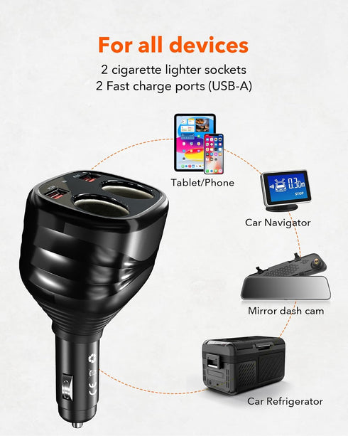 WOLFBOX Cigarette Lighter USB Charger, 2 in 1 Charging Cable Car Charger for Mirror Dash Cam, Dual USB Ports Fit Compatible with Phones or Other U...
