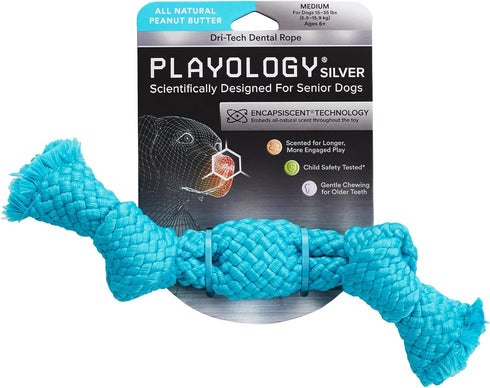 Playology Silver Dri-Tech Dental Rope Dog Toy for Medium Senior Dogs (15-35lbs) - Engaging All-Natural Peanut Butter Scented Dog Chew Toy - Non-To...