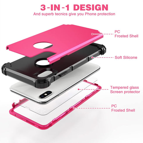 IDweel for iPhone Xs Max Case with Tempered Glass Screen Protector, 3 in 1 Shock Absorption Heavy Duty Protection Hard PC Cover Soft Silicone Bump...