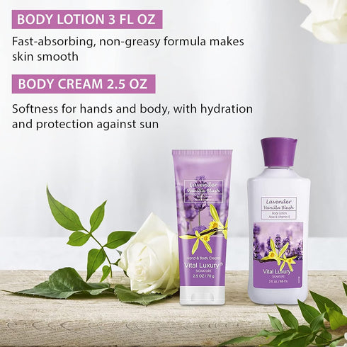 Bath & Body Travel Kit - Lavender Vanilla Blush Fragrance Mist, Body Lotion, Shower Gel, and Body Cream - Ideal 3 Fl Oz Skincare Gift Set for Home...