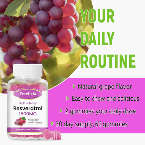 Sugar Free Resveratrol Gummies 1500mg - High Purity Resveratrol Supplement for Antioxidant, Healthy Aging, Skin, Brain, Organic - 60 Gummies...