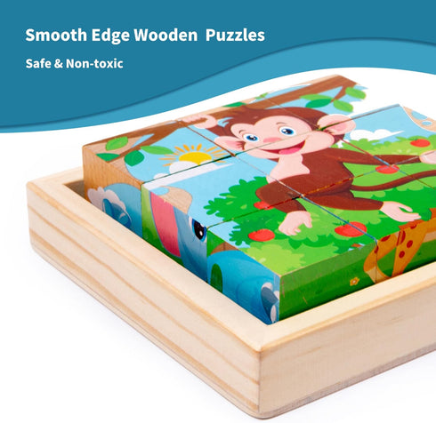 Wooden Animals Block Puzzles for Kids Ages 2-4 with Book, Jigsaw Puzzles Preschool Learning Educational Interactive Toys Gift for Boys Girls, Wood...