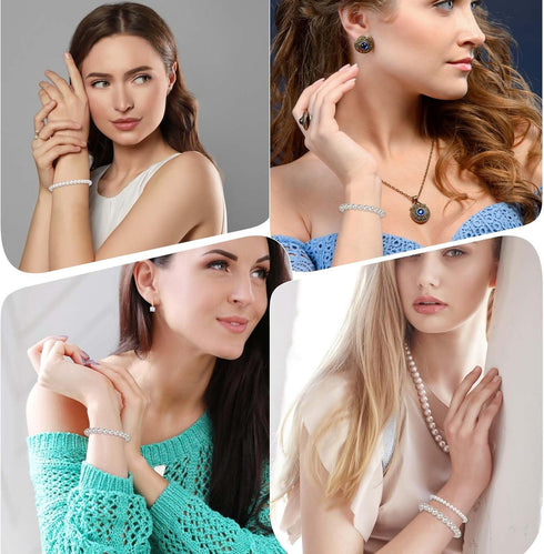 5 Pcs White Pearl Bracelets for Women, White Stretch Bridesmaid Pearl Bracelets Bridal Wedding Elastic Bracelets Stackable Faux Pearl Bracelets fo...