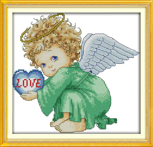 Amiiba Stamped Cross Stitch Kits, Angel Baby Boy Blue Heart DIY 11CT 13.3x12.9 inch (Baby Boy)...