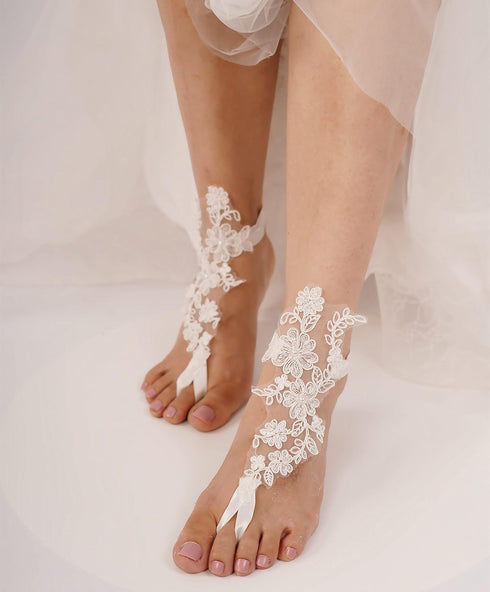 Sither Foot Lace for Beach Wedding Barefoot Sandals White Lace Anklet for Bride Barefoot Lace for Women Foot Anklet Jewelry On Summer Beach Gift f...