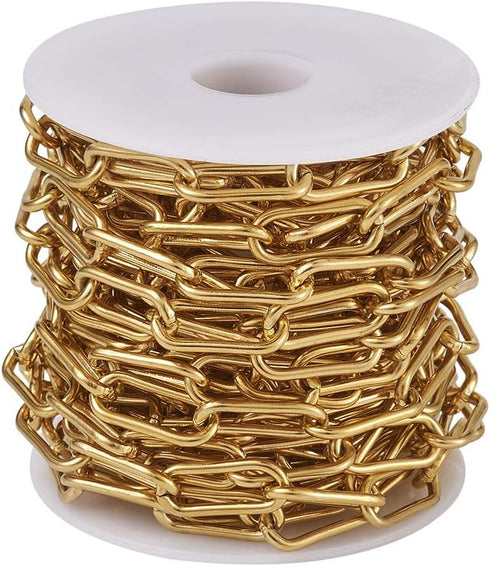 Pandahall 16.4 Feet 304 Stainless Steel Paperclip Chains Necklace Golden Plated 17x7x1.6mm Unwelded Strong Oval Cable Chains Links with Spool for ...