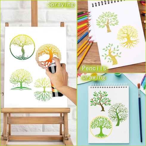 36 Pieces Tree of Life Stencils, 4 Inch Round Reusable Tree Stencils for Painting on Wood Plastic Drawing Natural Tree Template for Coaster Canvas...