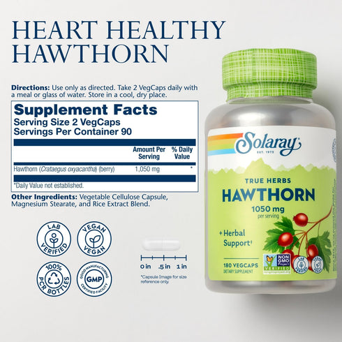 SOLARAY Hawthorn Berry Capsules 1050 mg, Hawthorne Supplement for Cardiovascular Function & Circulation Support, 60 Day Money-Back Guarantee, Whol...