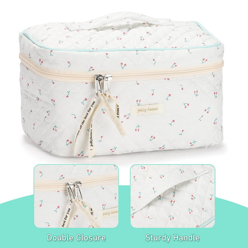 Cotton Makeup Bag, Quilted Cosmetic Bag with Handle Large Capacity Travel Toiletry Bag for Women Cute Aesthetic Floral Makeup Bag (White)...