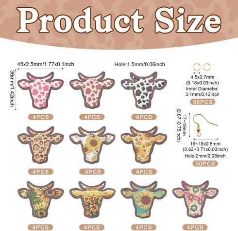 Craftdady 40Pcs Wood Cow Charms Earring Making Kit Sunflower Cattle Boho Pendants with Brass Jump Ring & Earring Hooks for Crafts DIY Keychain Jew...