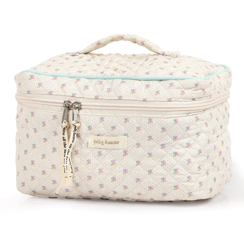 Cotton Makeup Bag, Quilted Cosmetic Bag with Handle Large Capacity Travel Toiletry Bag for Women Cute Aesthetic Floral Makeup Bag (Beige)...