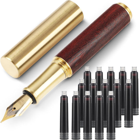 Vintage Wooden Mini Fountain Pen, Short Pocket Travel Fountain Pen Fine Nip Pen Fancy Pens Smooth Writing with 15 Pcs 2.6mm Black Ink Cartridges f...