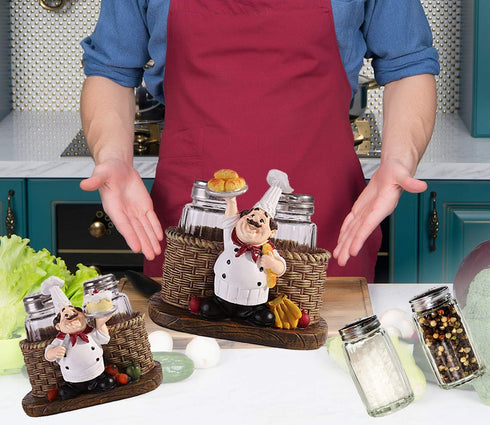 Salt and Pepper Shakers Set,Sitting Chef Decorative Statue Spice Organizer,Glass Spice Jars with Holder Figurine Gift for Family,Kitchen,Restauran...
