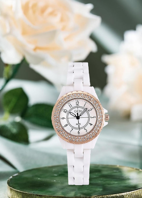 Womens Luxury Wrist Watch Fashion Rhinestone White Ceramic Watch Casual Lady Nice Dress Watches (Rose Gold)...