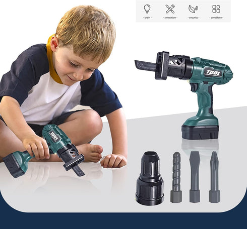 Toy Tool Set Outside Construction Play Tools, Power Saw, Electric Drill include 3 Interchangeable Drill Bits with Light, Sound,Kids Pretend Play D...