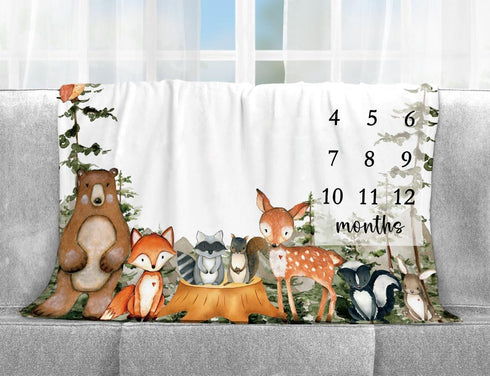 Woodland Baby Milestone Blanket with Birth Stat Sign, Forest Baby Growth Chart Monthly Blanket, Watch Me Grow Woodland Animals Baby Nursery for Ne...