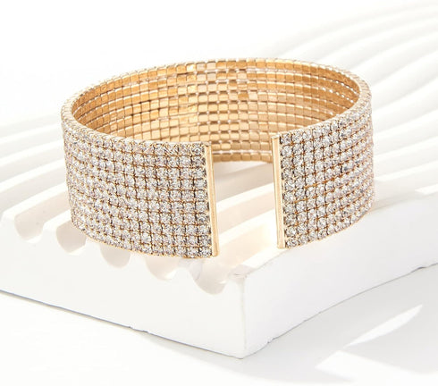 Sparkly Silver/Gold Simple Multi-layer Rhinestone Cluster Wide Cuff Bangle Wedding Jewelry for Women Bridal Statement Bracelet...