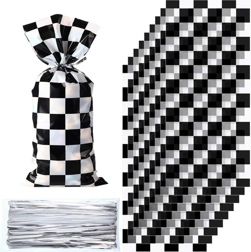 Blulu 100 Pieces Cellophane Car Candy Bags Black White Checkered Racing Treat Bags Plastic Race Gift Goodie Sack Food Storage for with 100 Pieces ...