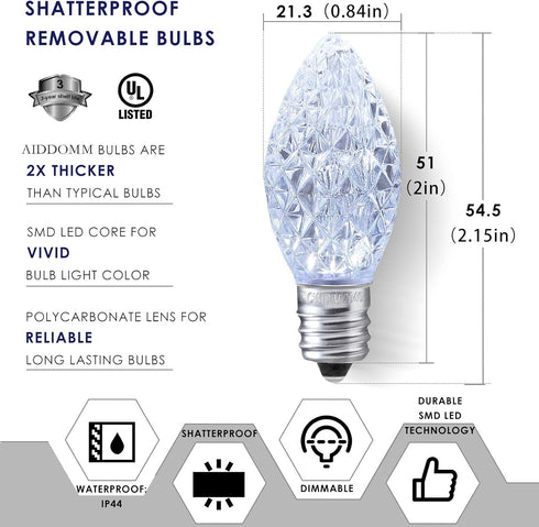 25 Pack C7 Cool White LED Replacement Christmas Light Faceted Bulbs, 0.72W, 2 SMD LEDs in Each Light Bulb, E12 Base, Commercial Grade Replacement ...