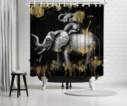 FuShvre Elephant Shower Curtain Black and Gold Shower Curtains African Animal Bathroom Decor Hooks Included 72"x 72"...