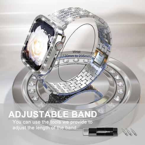 QVLANG Compatible with Apple Watch Band Series 9 8 7 45mm, Bling Series Band for Women + Diamond Rhinestone Case, Stainless Steel Metal Bracelet S...