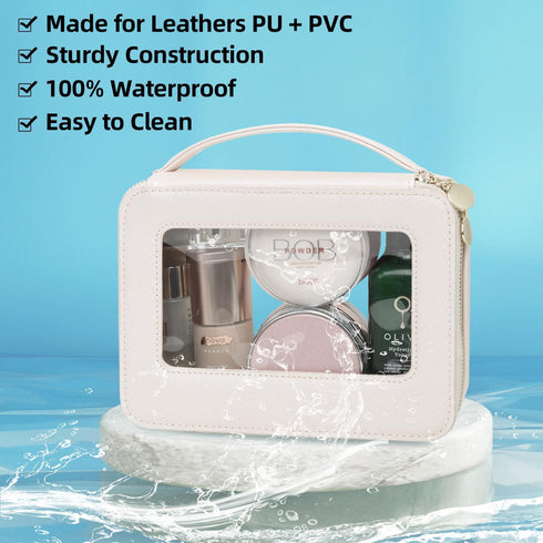 Clear Makeup Bag with Makeup Brush Bag,Double Sided Clear Toiletry Bag for Women,Portable Travel Cosmetic Bag,Makeup Case with Zipper,Leather Make...