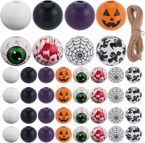 210Pcs Halloween Wooden Beads Holiday Wood Beads Round Spacer Bead Garland Hanging Ornaments with Jute Rope for Jewelry Making Supplies DIY Neckla...