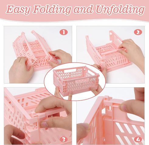 4-Pack Pink Plastic Storage Crate Small Baskets for Organizing Collapsible Storage Crates for Desk Organizers,Stackable Cute Storage Bins for Clas...