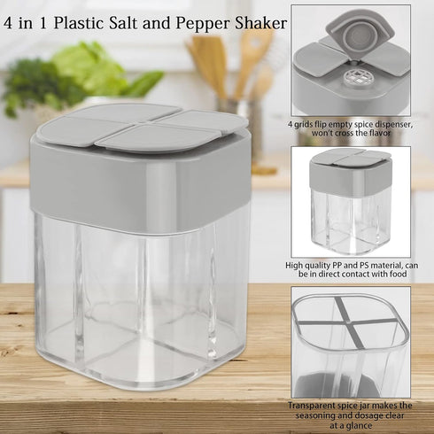 4 Pack 4 in 1 Plastic Salt and Pepper Shaker, 4 Grids Flip Empty Spice Dispensers Travel Spice Container Compartment Seasoning Shakers with Lid Tr...