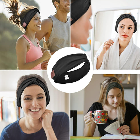 Bluetooth Headband Headphones for Women, Wireless Headband Headphones with HD Speakers, Fashion Black Head Band with Knotted/Twist Design for Yoga...