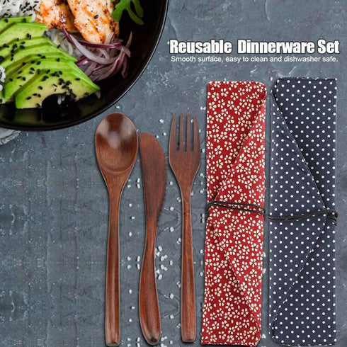 3Pcs Wooden Spoon Fork Knife Cutlery Set, Japanese Reusable Wooden Bamboo Cutlery Set...