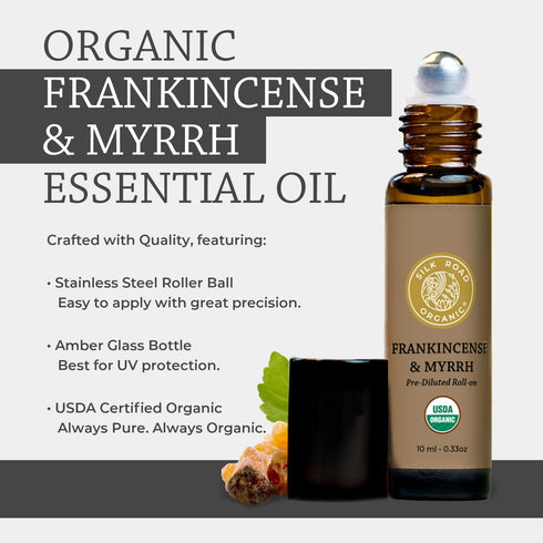 Organic Frankincense & Myrrh Essential Oil Roll On, 100% Pure USDA Certified Aromatherapy for Body Aches, Stiffness & Tingling, Stress Relief, & S...