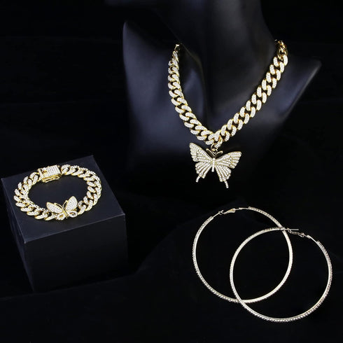 Sanfenly Cuban Link Chain Jewelry Set Bling Rhinestone Butterfly Pendant Necklace Bracelet and Crystal Large Hoop Earrings Set Silver Gold Accesso...