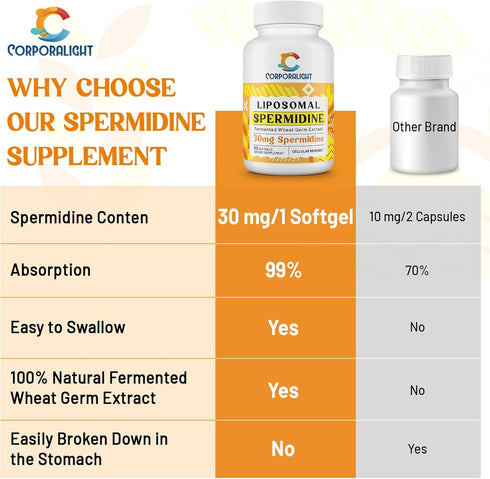 30mg Spermidine Supplement, Liposomal Spermidine, High Absorption, More Potent Than Spermidine 3HCL, Fermented Wheat Germ Extract, Spermidine for ...