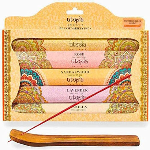 Premium Quality Incense Sticks. Lavender, Sandalwood, Jasmine, Vanilla and Rose Aroma. Variety Gift Pack 75 Sticks, Includes a Free Holder...