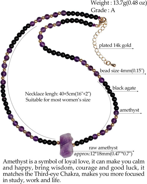 Jewever Raw Amethyst Crystal Choker Necklace for Women Round Black Agate Beads Healing Crystals and Gemstones Chokers Necklaces...