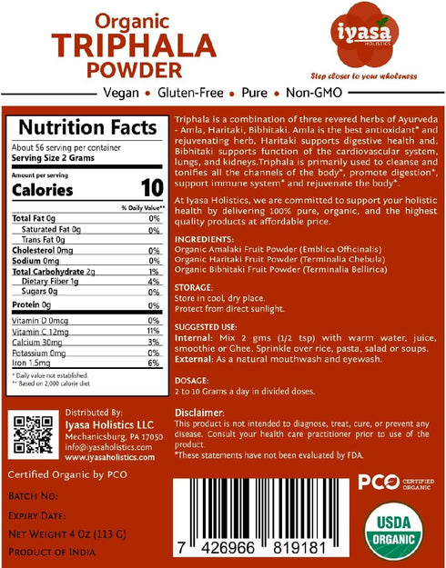 Organic Triphala Powder,Ayurveda Superfood,Natural Body Detox,Bowel Cleanser,Herbal Laxative,4 Ounce 113 Gram...