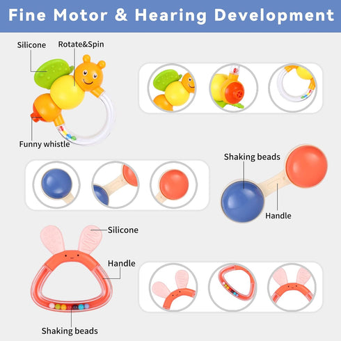 MOONTOY Baby Rattles Teether Set Toys for 0 1 2 3 4 5 6 7 8 9 10 11 12 Month Old Baby Boy Girl, 9PCS Baby Toys Sensory Toys Early Development Newb...