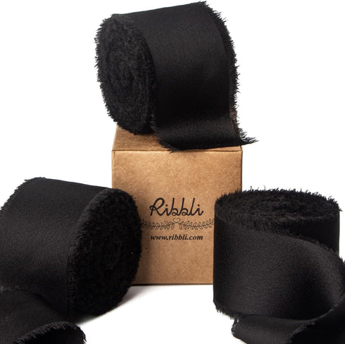 Ribbli Black Silk Satin Ribbon 1.5 Inch x 30 Yard Handmade Frayed Chiffon Black Ribbon for Gift Wrapping Wedding Invitations Bridal Bouquets Home ...