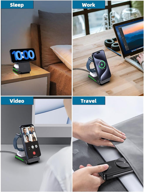 Wireless Charging Station for Apple Mag-Safe Charger, 3 in 1 Mag-Safe Charger Stand for iPhone 15 Pro Max/14/13/12, Foldable Mag-Safe Nightstand C...