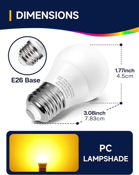 Yellow Amber Bug Light Bulbs, LED Bug Lights for Outside Porch Lights, A15 Small Amber Night Light Bulb, 5W Equivalent 40W E26 Yellow Bulbs Outdoo...