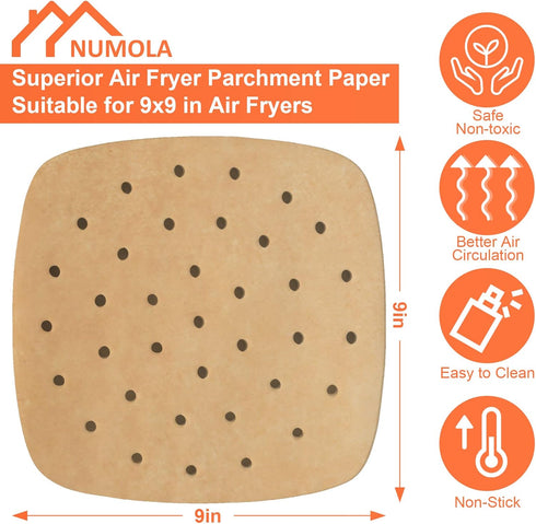 Numola 100 Pcs Air Fryer Liners Disposable Parchment Paper, 9 Inch Perforated Airfryer Sheets for Baking, Square Unbleached Non-Stick Steamer Line...