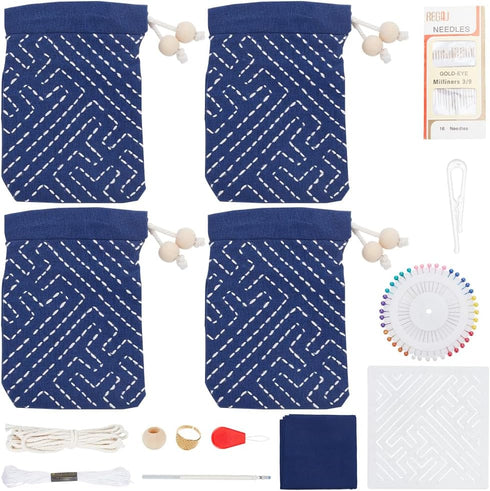 FREEBLOSS 4 Set Sashiko Drawstring Bag Kit Sashiko Embroidery Kit for Beginners Full Embroidery Kit includes Sashiko Thread, Needles, Fabric, Thim...