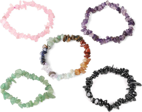 5 Pcs Natural Gemstone Chakra Crystal Healing Chip Stretch Bracelets,Gemstone Polished Irregular Crystals Stone Reiki Yoga Chipped Gravel Bead Jew...