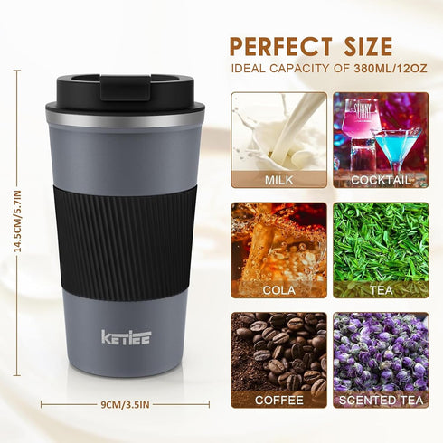 KETIEE Travel Coffee Mug Spill Proof 12oz, Insulated Reusable Coffee Cups with Seal Lid, Vacuum Stainless Steel Travel Mug to Go Car Tumbler for H...